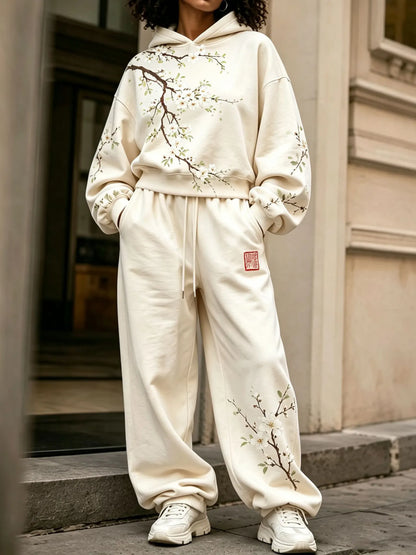 Cardydony Women's Vintage Japanese Floral Art Print Hoodie Two Piece Set