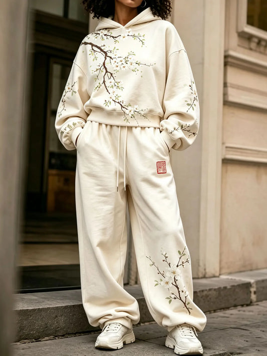 Cardydony Women's Vintage Japanese Floral Art Print Hoodie Two Piece Set