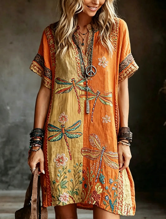 Cardydony Women's Vintage Hippie Floral And Dragonfly Pattern Art Embroidered Linen Blend Mini Dress