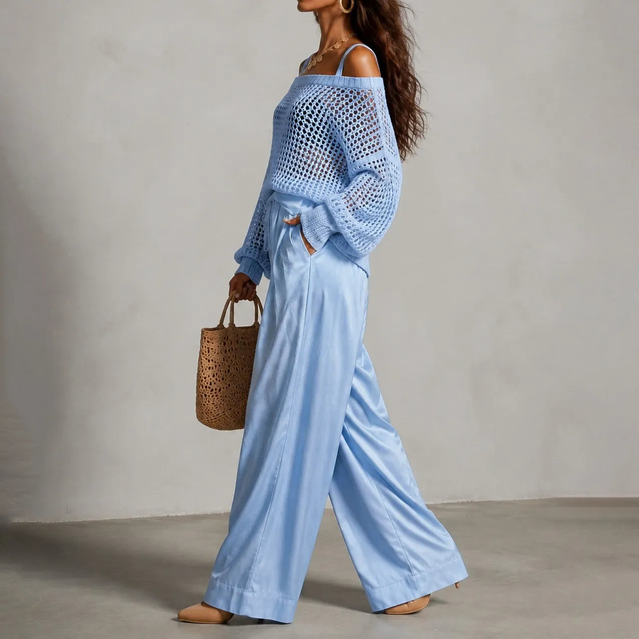 Cardydony Elegance Two-piece Set: Openwork Knit Top And Wide-leg Pants