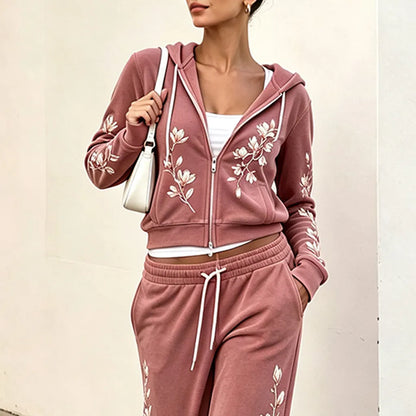 Cardydony Women's Retro Japanese Cherry Blossom Art Casual Sports Suit Two-piece Set