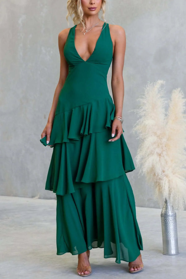 Cardydony Women's Solid Color V-neck Sleeveless Elegant Layered Maxi Dress