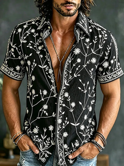 Cardydony Men's Vintage Floral Art Print Flowy Linen Blend Shirt