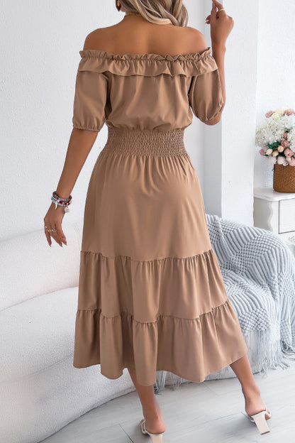 Cardydony Women's Stylish Off-shoulder Short-sleeved Pleated Waist Casual Midi Dress