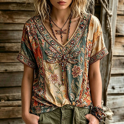 Cardydony Women's Retro Bohemian Hippie Style Floral Dragonfly Sequin Embroidery Print Short-sleeve V-neck Top