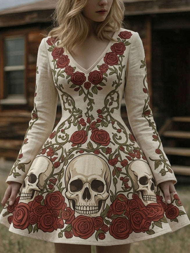 Cardydony Women's Retro Halloween Skull And Floral Print V-neck Long Sleeve Dress