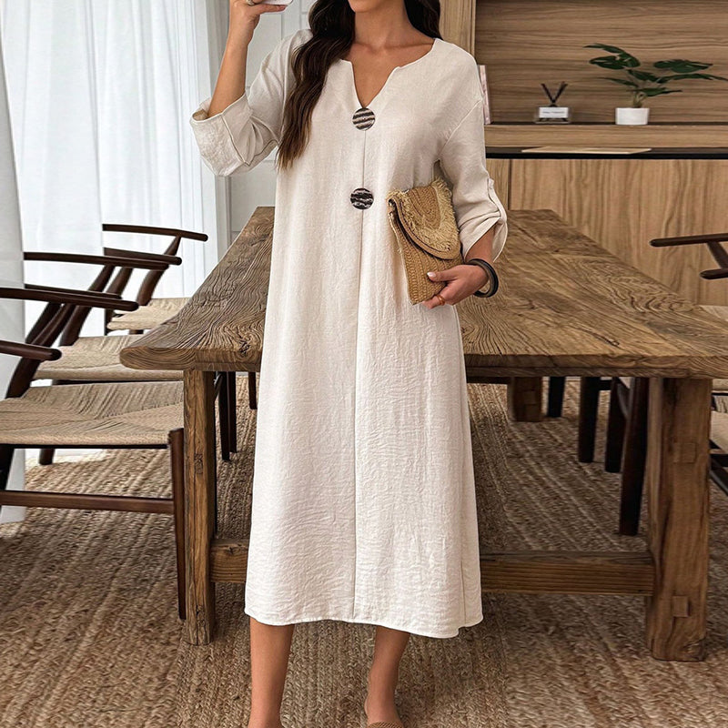 Cardydony Women's Elegant V-neck Linen-cotton Maxi Dress
