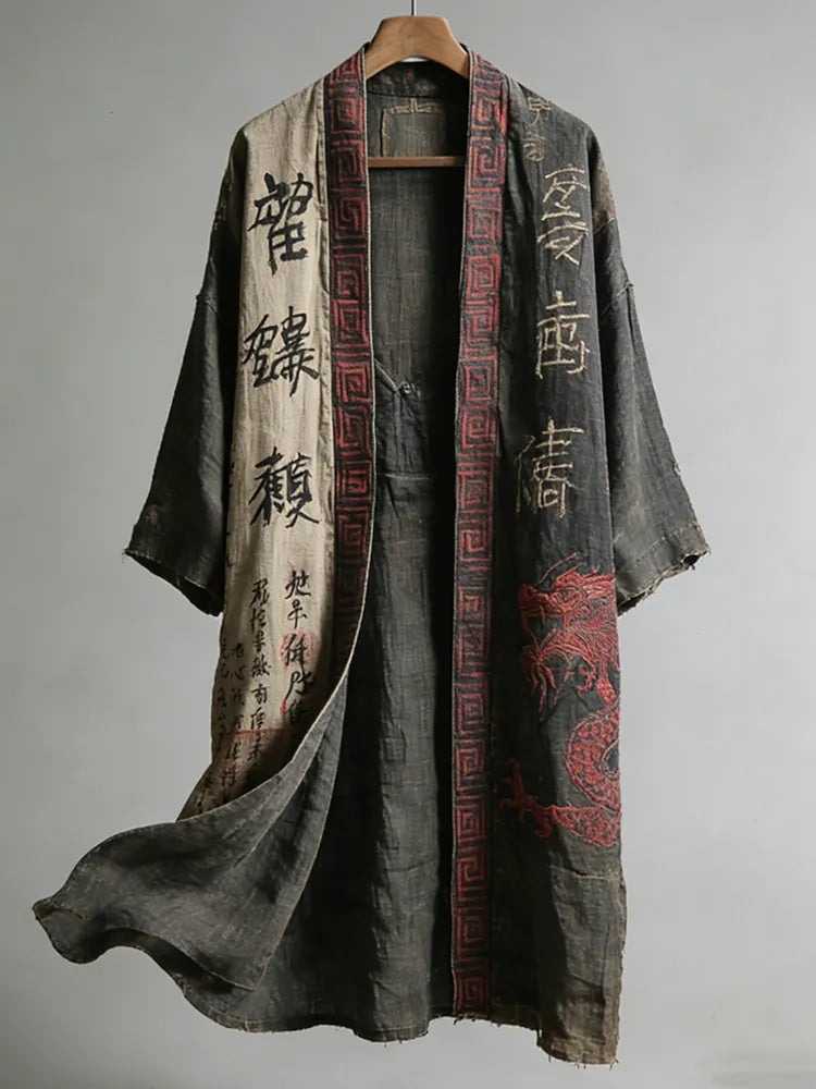 Cardydony Men's Japanese Dragon Pattern Calligraphy And Painting Art Linen Long Kimono