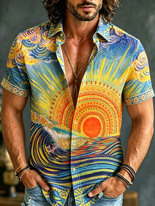Cardydony Men's Retro Hippie Style Sun And Wave Embroidered Print Short-sleeve Shirt