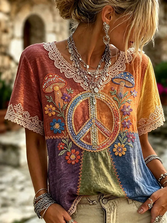 Cardydony Women's Retro Hippie Pattern Art Print Crew Neck T-shirt