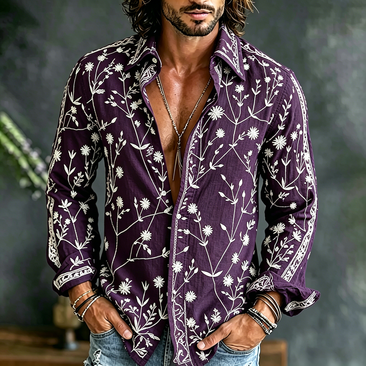 Cardydony Men's Spring Summer Floral Embroidered Art Print Flowy Linen Blend Shirt