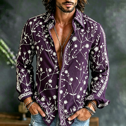 Cardydony Men's Spring Summer Floral Embroidered Art Print Flowy Linen Blend Shirt