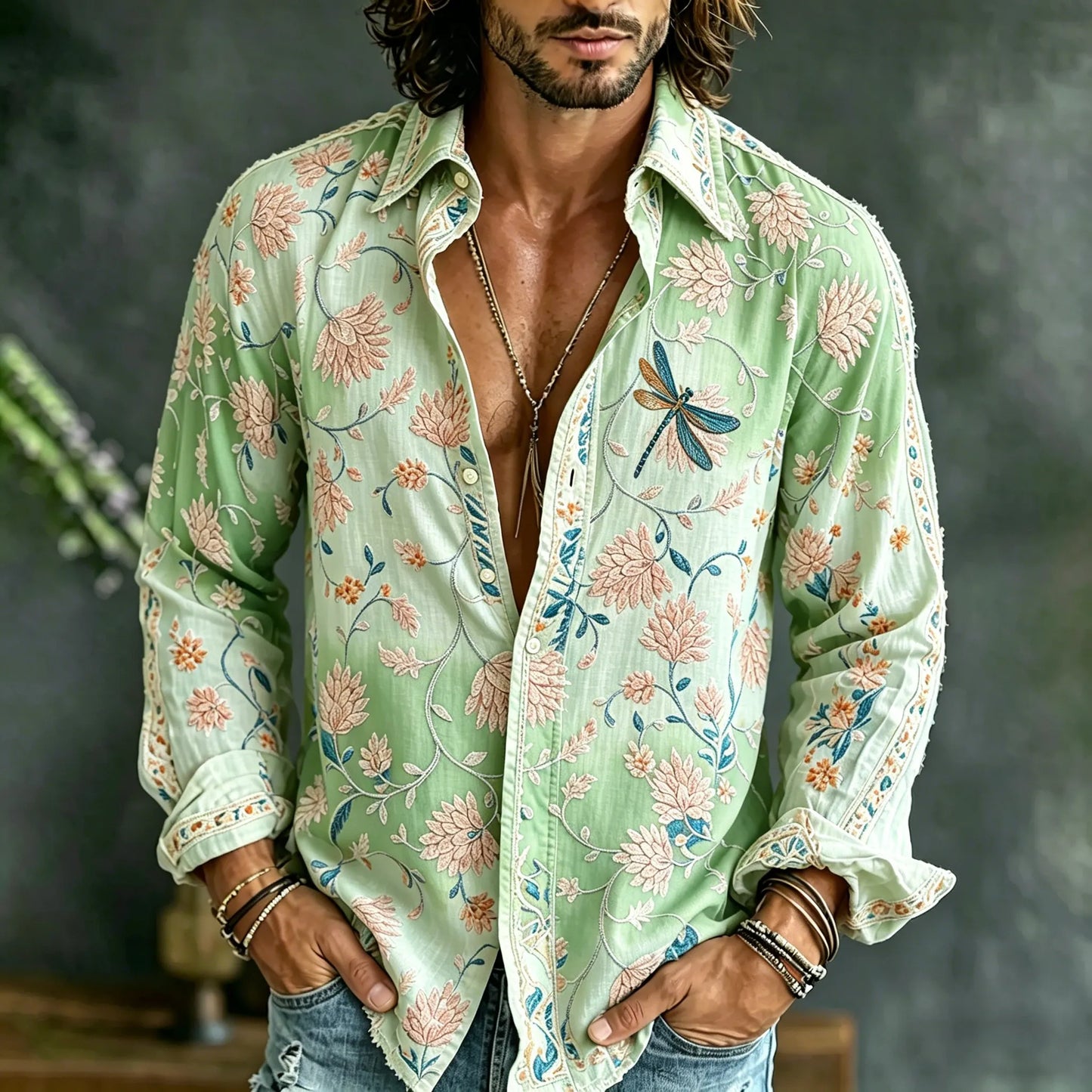 Cardydony Men's Vintage Floral Embroidered Art Print Flowy Linen Blend Casual Shirt