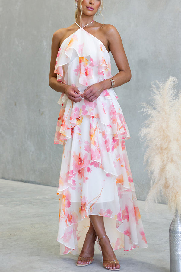 Cardydony Women's Poetic Eden Chiffon Floral Print Tiered Ruffles Halter A-line Maxi Dress