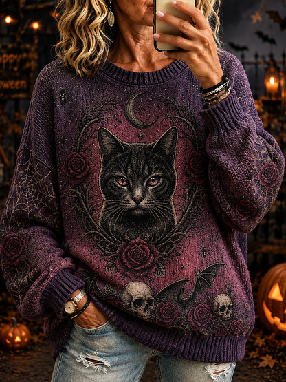 Cardydony Women's Goth Cat & Skull Graphic Knit Sweater - Dark Purple Floral Rose & Bat Pattern