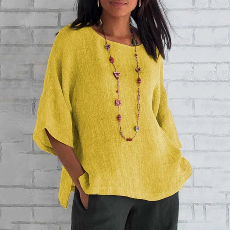 Cardydony 3/4 Sleeve Round Neck Cotton and Linen T-Shirt