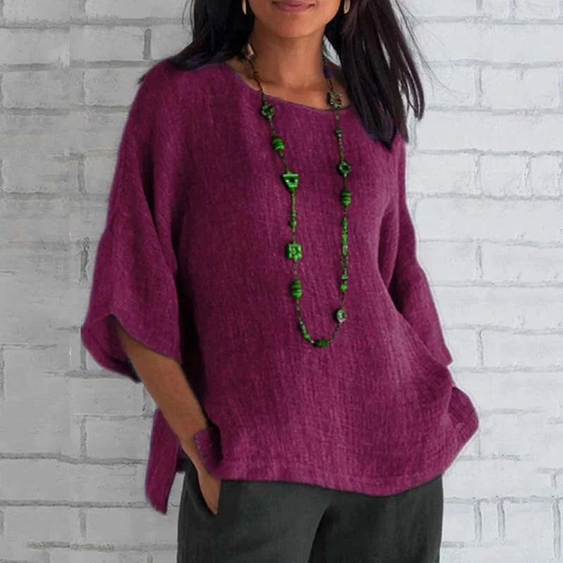 Cardydony 3/4 Sleeve Round Neck Cotton and Linen T-Shirt