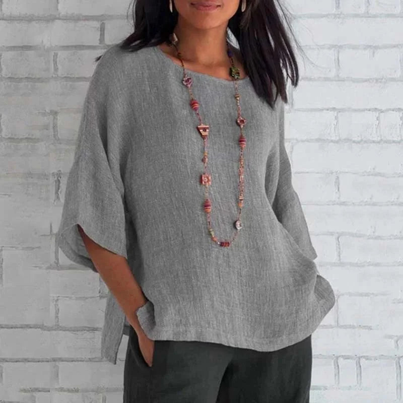 Cardydony 3/4 Sleeve Round Neck Cotton and Linen T-Shirt