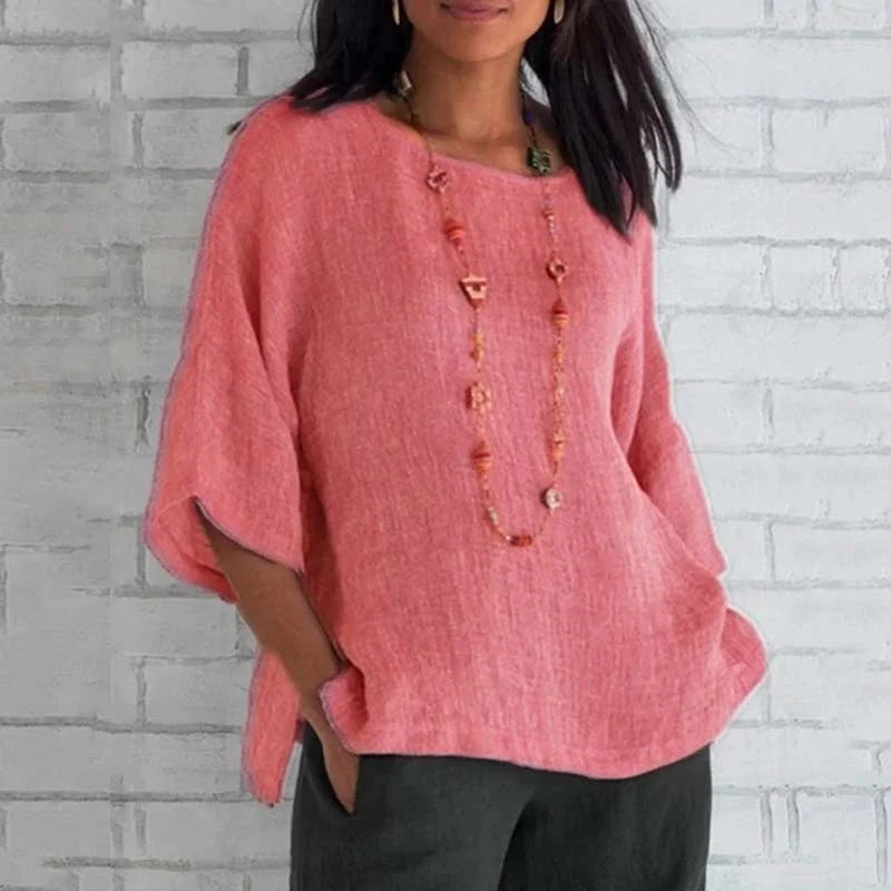 Cardydony 3/4 Sleeve Round Neck Cotton and Linen T-Shirt