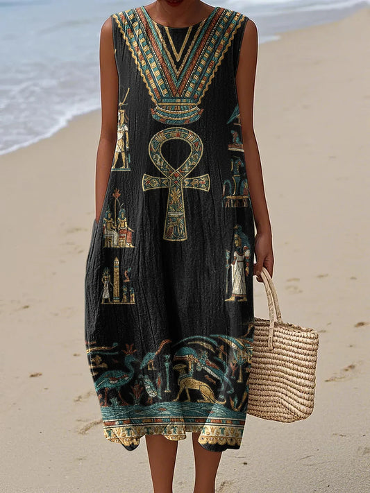 Cardydony Ancient Egyptian Inspired Women's Vintage Linen Casual Sleeveless Dress