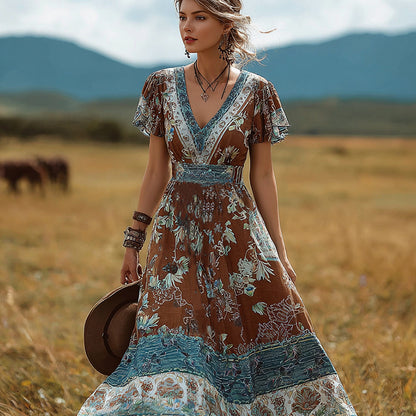Cardydony Bohemian Style Retro Floral Pattern Women's V-neck Dress