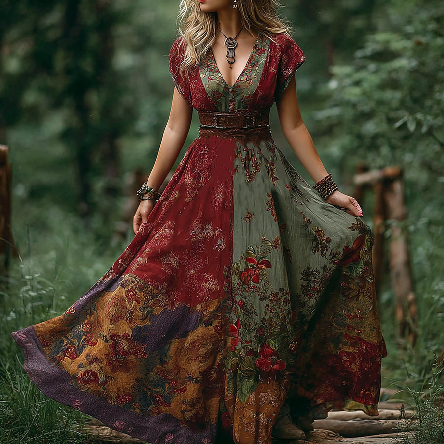 Cardydony Bohemian Style Retro Floral Pattern Women's V-neck Dress