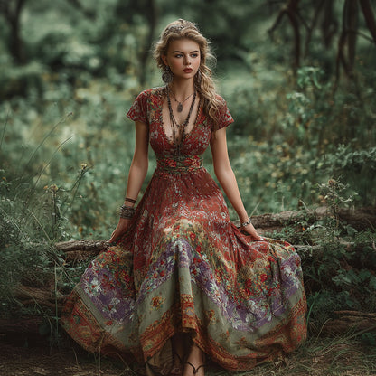 Cardydony Bohemian Style Retro Floral Pattern Women's V-neck Dress