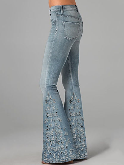 Cardydony Boho Floral Hollow Embroidered Washed Flare Jeans