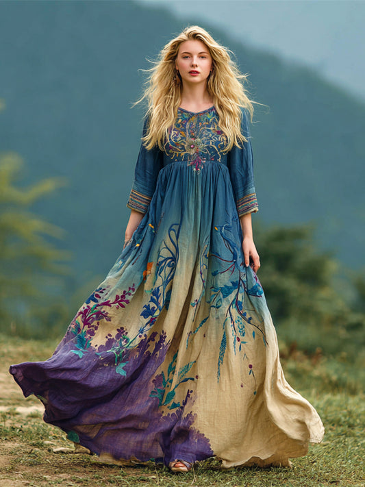 Cardydony Boho Vintage Ethnic Floral Gradient Art Women's Linen Flowy Maxi Dress