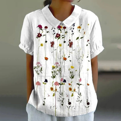 Cardydony Casual Floral Print Cotton And Linen Short Sleeve Tops
