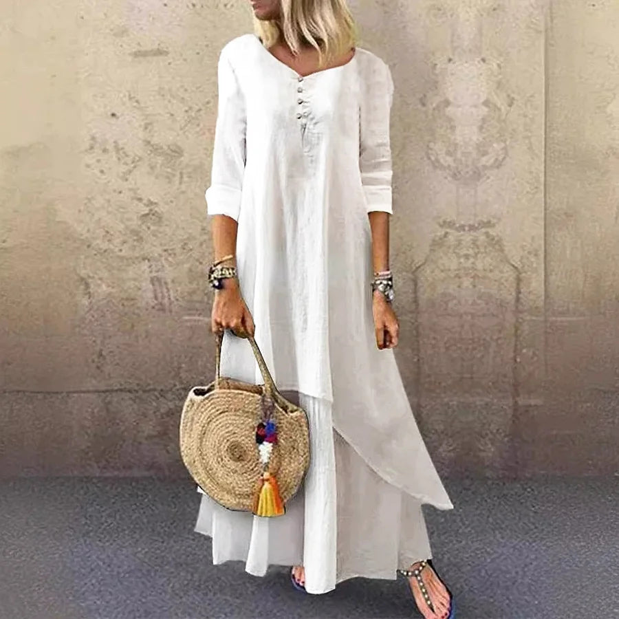 Cardydony Casual Multi-layer Design Linen Dress