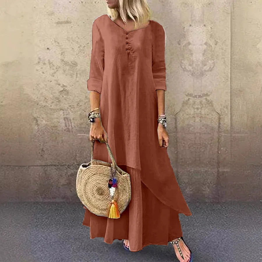 Cardydony Casual Multi-layer Design Linen Dress