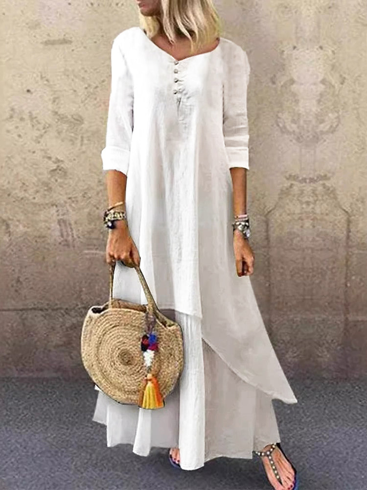 Cardydony Casual Multi-layer Design Linen Dress