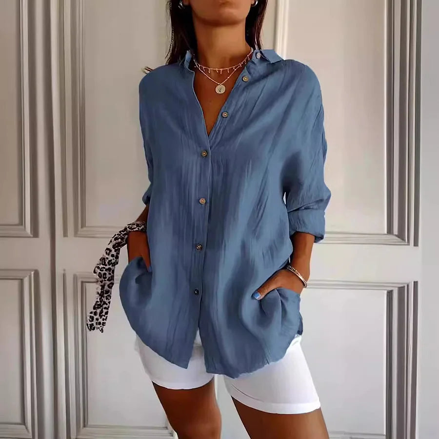 Cardydony Casual Single Breasted Pleated Lapel Solid Color Cotton Linen Shirt