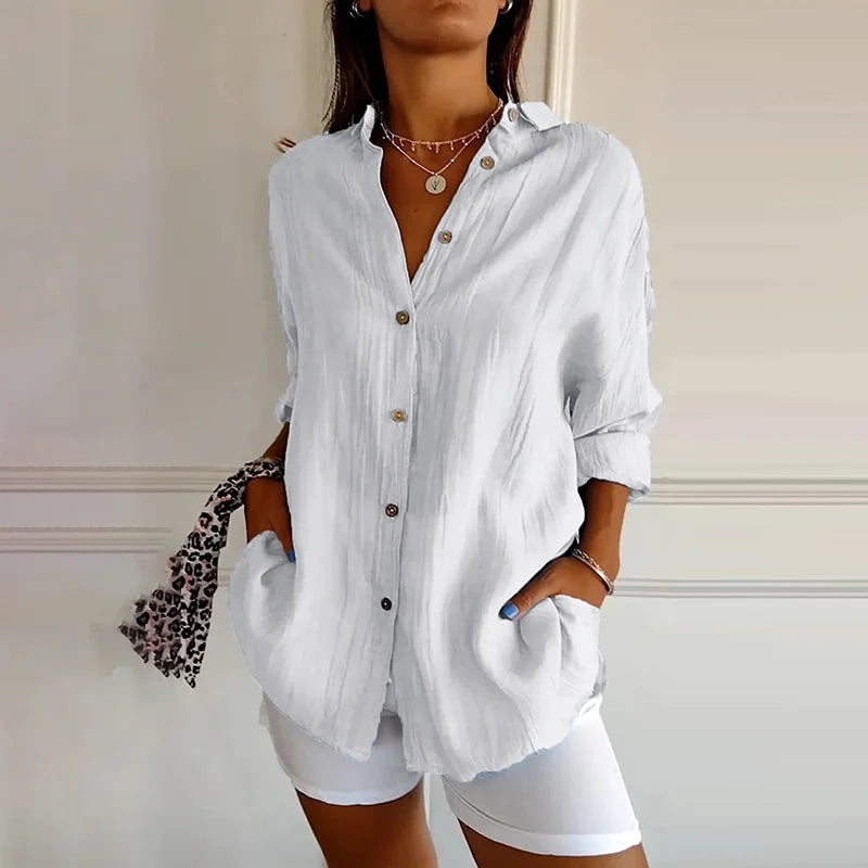 Cardydony Casual Single Breasted Pleated Lapel Solid Color Cotton Linen Shirt