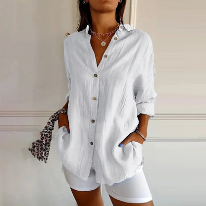 Cardydony Casual Single Breasted Pleated Lapel Solid Color Cotton Linen Shirt