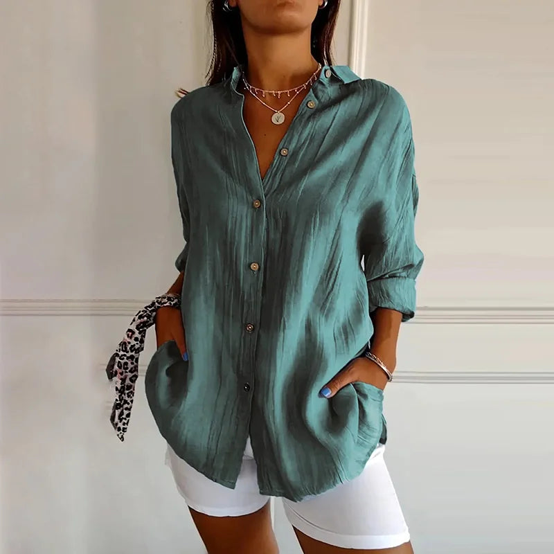 Cardydony Casual Single Breasted Pleated Lapel Solid Color Cotton Linen Shirt