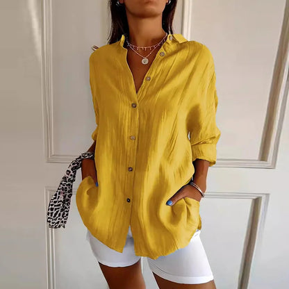 Cardydony Casual Single Breasted Pleated Lapel Solid Color Cotton Linen Shirt