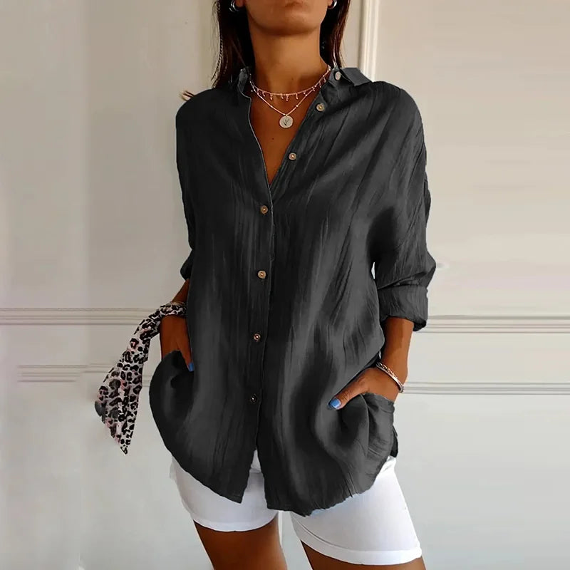 Cardydony Casual Single Breasted Pleated Lapel Solid Color Cotton Linen Shirt