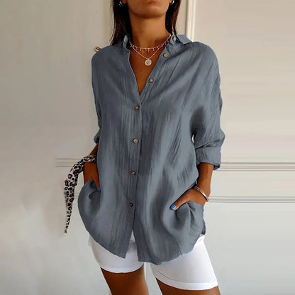 Cardydony Casual Single Breasted Pleated Lapel Solid Color Cotton Linen Shirt