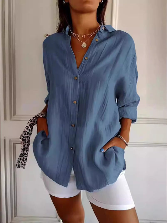 Cardydony Casual Single Breasted Pleated Lapel Solid Color Cotton Linen Shirt