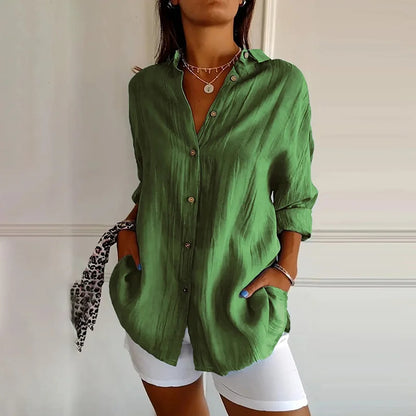 Cardydony Casual Single Breasted Pleated Lapel Solid Color Cotton Linen Shirt