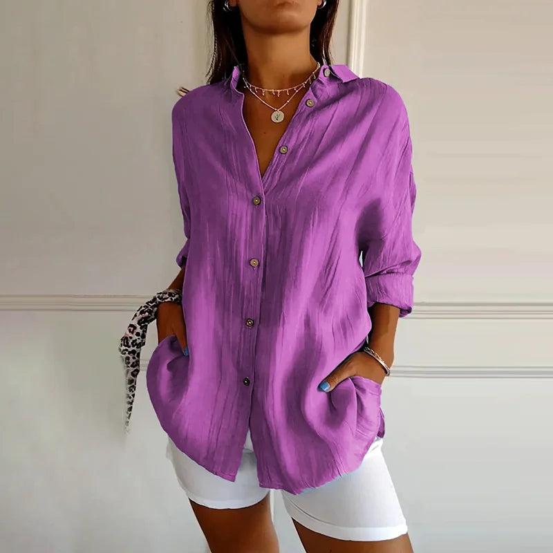 Cardydony Casual Single Breasted Pleated Lapel Solid Color Cotton Linen Shirt