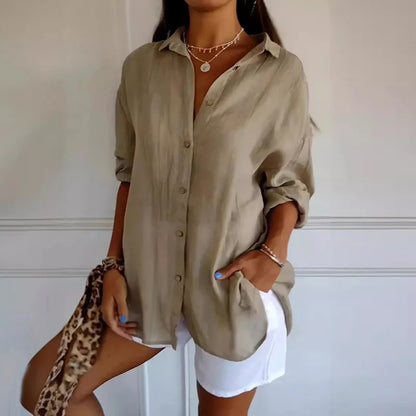 Cardydony Casual Single Breasted Pleated Lapel Solid Color Cotton Linen Shirt