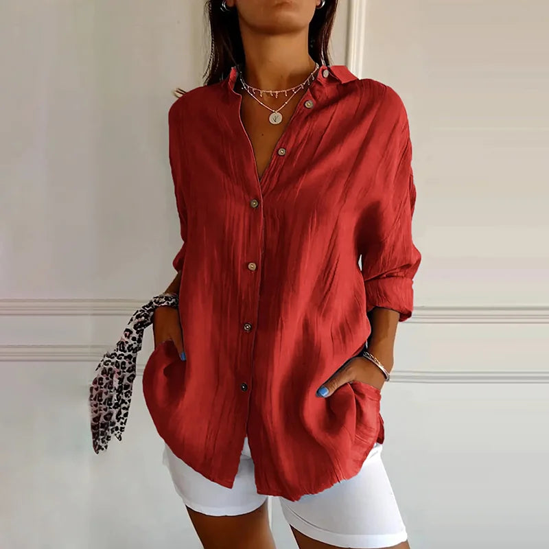 Cardydony Casual Single Breasted Pleated Lapel Solid Color Cotton Linen Shirt