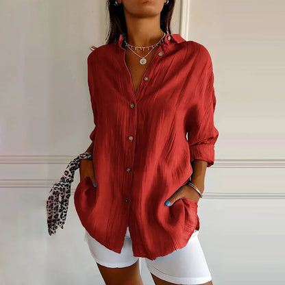 Cardydony Casual Single Breasted Pleated Lapel Solid Color Cotton Linen Shirt