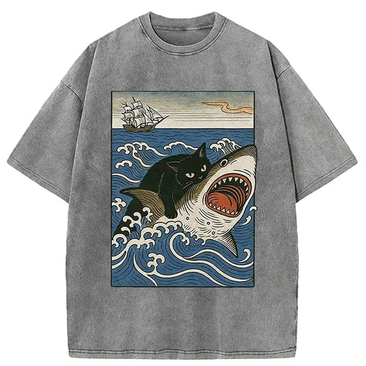 Cardydony Cat Hunting Shark Washed T-shirt
