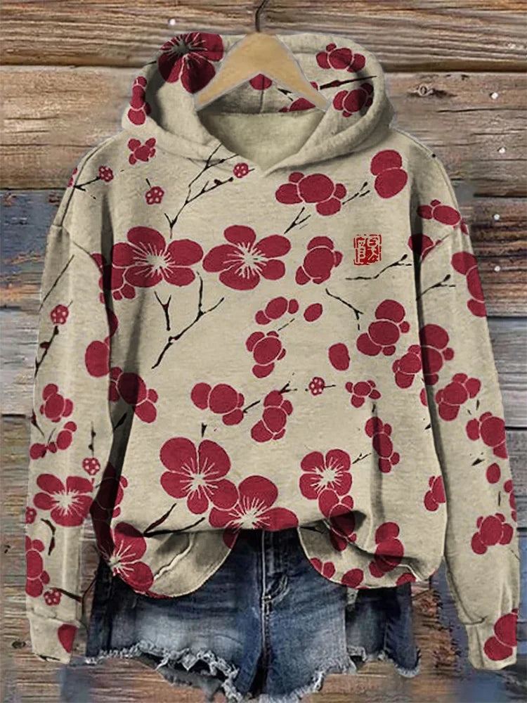 Cardydony Cherry Blossom Japanese Lino Art Vintage Hoodie