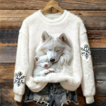Cardydony Christmas Snowflake And Sleeping Wolf Pattern Plush Thermal Sweater