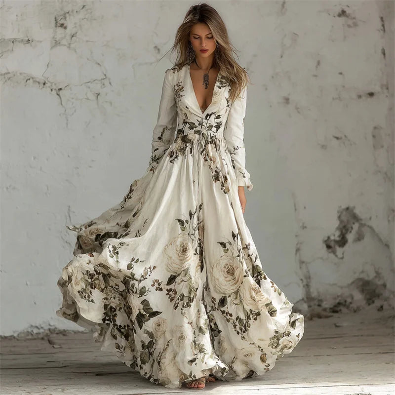 Cardydony Classy White Roses Print V Neck Flowy Maxi Dress